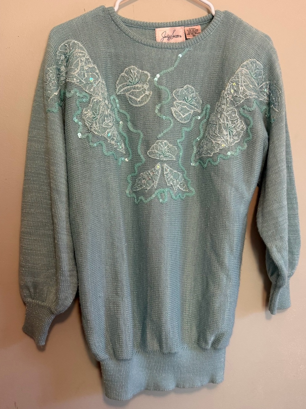 Vintage 80s Jaclyn Smith Pastel Mint Blue Lace Sequin Embellished Knit Sweater M
